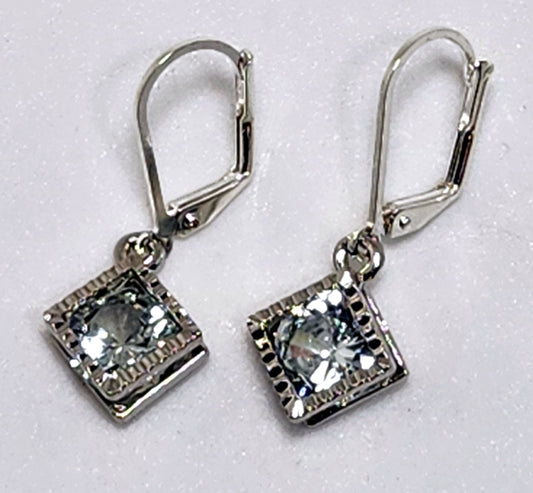 SQUARE CUBIC ZIRCONIA DROP ON STERLING SILVER LEVER BACK EAR WIRES