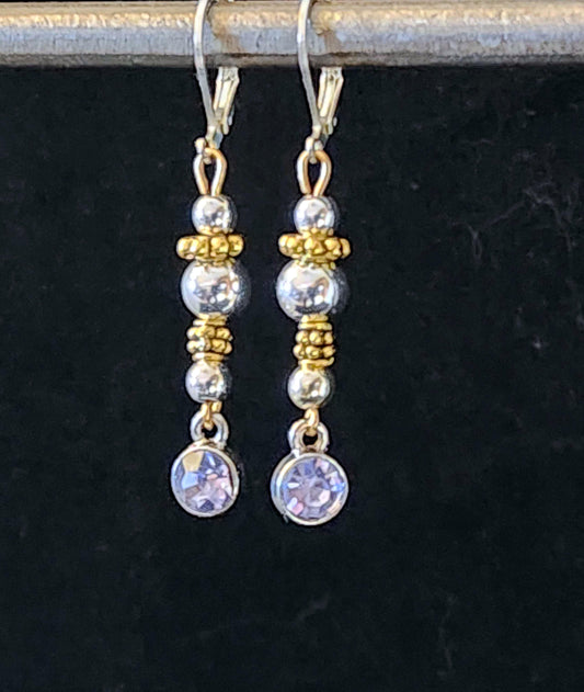 STERLING SILVER over HEMATITE STONES W GOLD SPACERS & CRYSTAL BIRTHSTONE DROPS