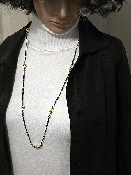 30"CONVERTIBLE STERLING SILVER & GOLD BALLS, MAGNETIC CLASP, GUNMETAL CHAIN NECKLACE