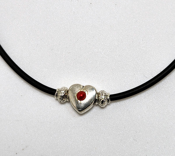 ANTIQUE PUFF HEART W RED DYED PEARL AND STERLING SILVER CHOKER