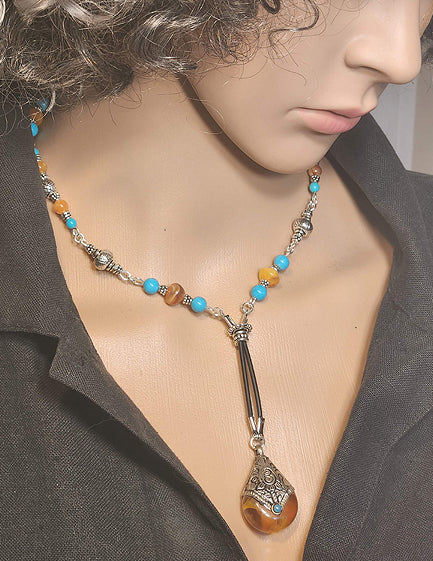 EXOTIC AMBER DROP LARIAT NECKLACE