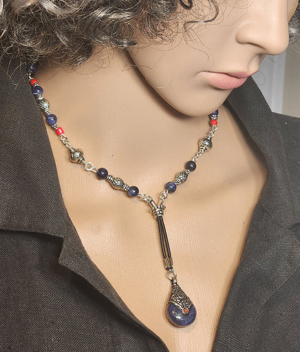 EXOTIC LAPIS LAZULI, SODALITE DROP LARIAT NECKLACE