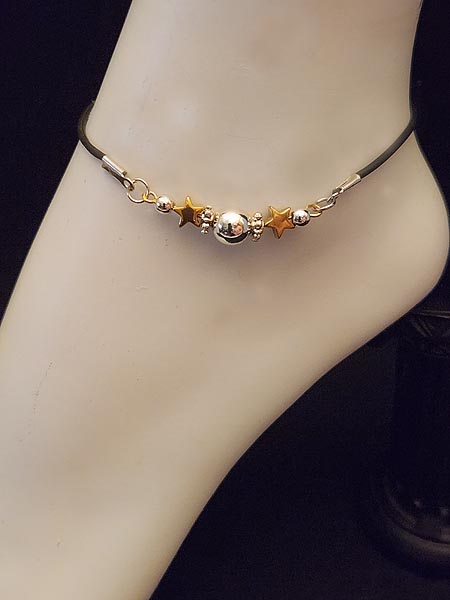 LARGE STERLING SILVER BALLS OVER HEMATITE WITH 14K GOLD STARS ADJUSTABLE ANKLE BRACELET