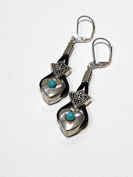TURQUOISE AND SILVER HEART LONG EARRINGS