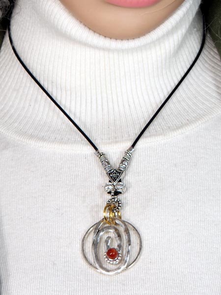 SILVER CAGE CIRCLES with SEMI-PRECIOUS STONES ADJUSTABLE NECK