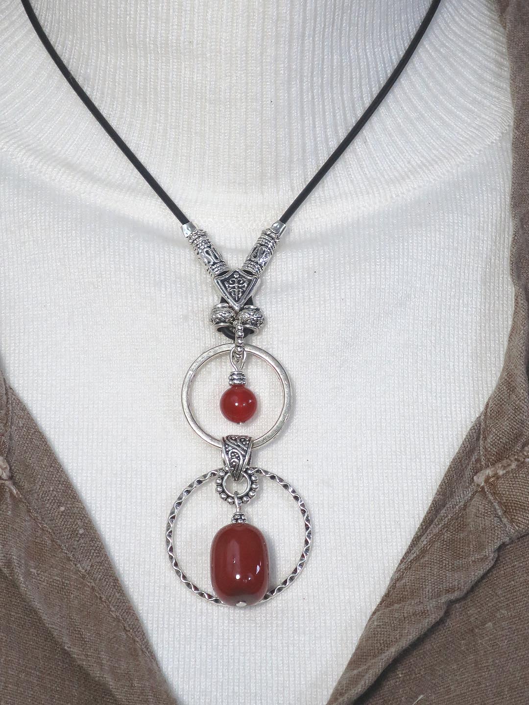 DOUBLE RING with LARGE SEMI-PRECIOUS STONE ADJUSTABLE NECKLACE