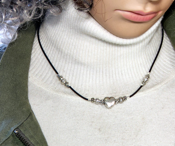 ANTIQUE SILVER PUFF HEART ON RUBBER CORD CHOKER