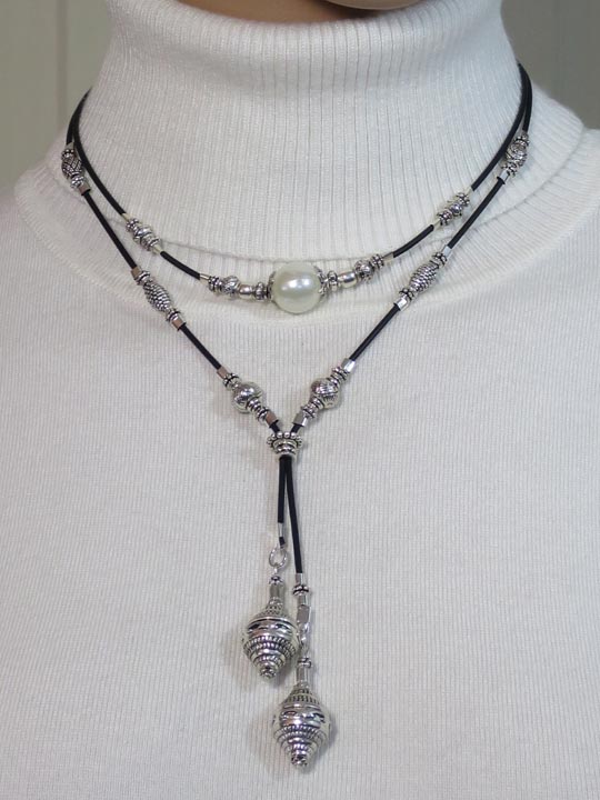 RUBBER CORD LARIAT with STERLING SILVER BALLS & LARGE ANTIQUE SILVER BEADS