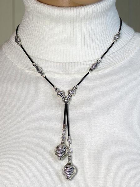 RUBBER CORD LARIAT with STERLING SILVER BALLS & LARGE ANTIQUE SILVER BEADS
