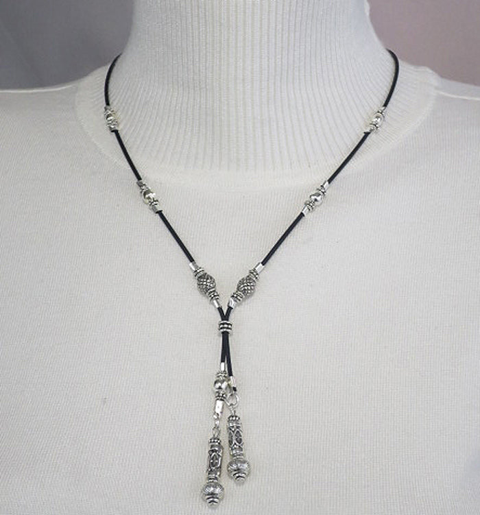 RUBBER CORD LARIAT with STERLING SILVER BALLS AND SMALL ANTIQUE SILVER BEADS