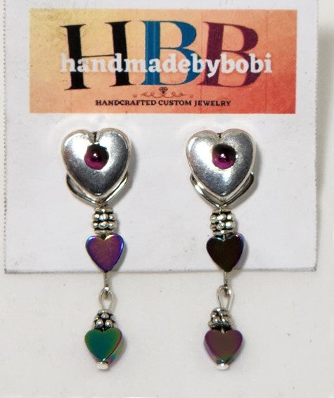 ANTIQUE SILVER HEARTS with AMETHYST STONES on STAINLESS STEEL POST EARRINGS