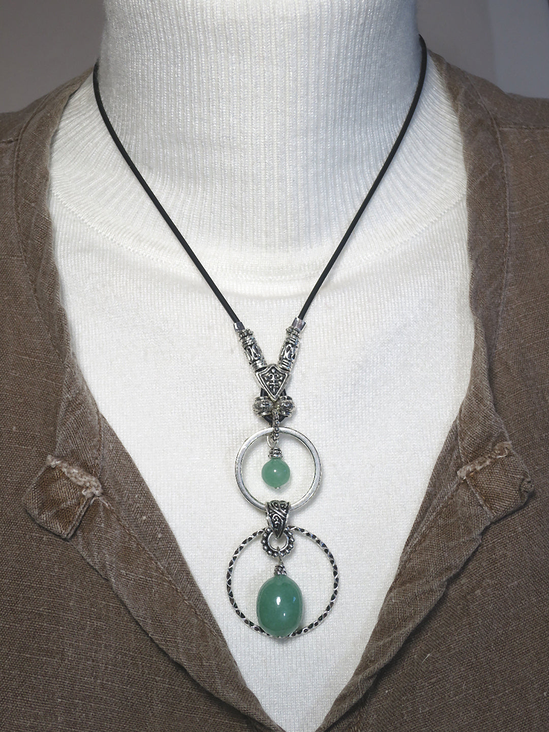 DOUBLE RING with LARGE SEMI-PRECIOUS STONE ADJUSTABLE NECKLACE