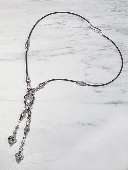 RUBBER CORD LARIAT WITH STERLING SILVER BEADS AND ANTIQUE SILVER HEART